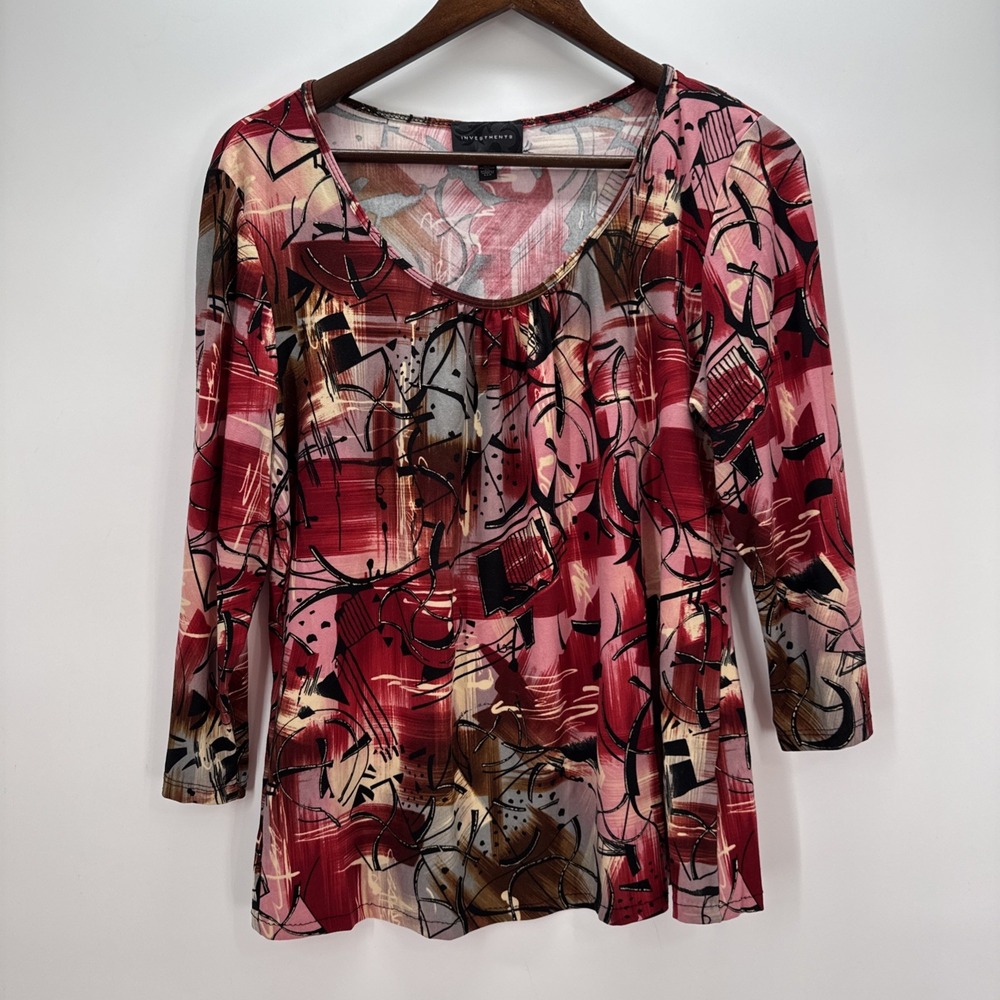 INVESTMENTS Women Red Geometric Print V Neck 3/4 Sleeve Blouse Top Size XL